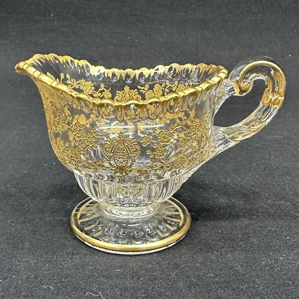 Cambridge 'Rose Point' Cream & Sugar Set With Gold Encrusted Decoration, Vintage